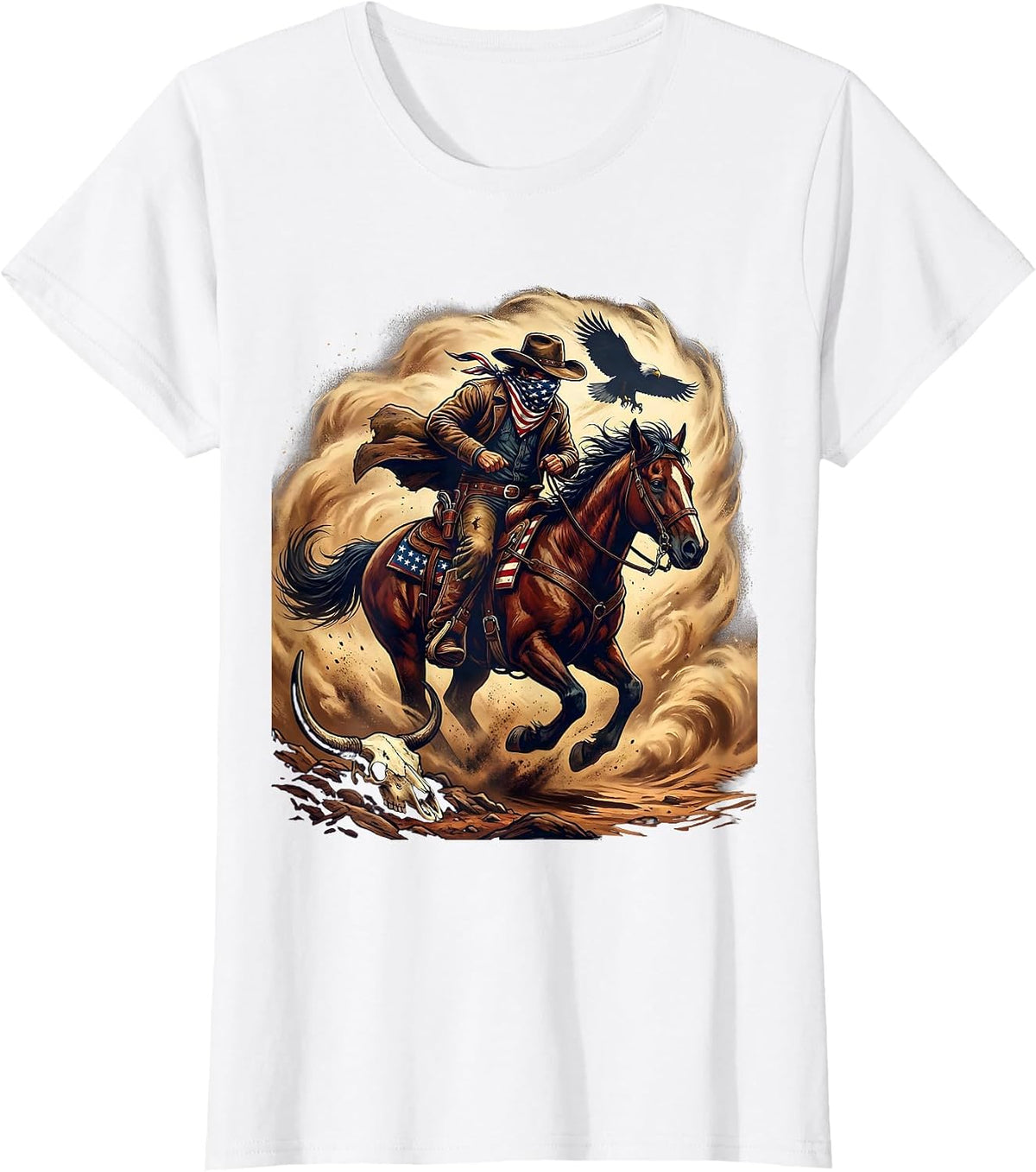 Cowboy Riding Through Sandstorm Graphic Tee T-Shirt - White