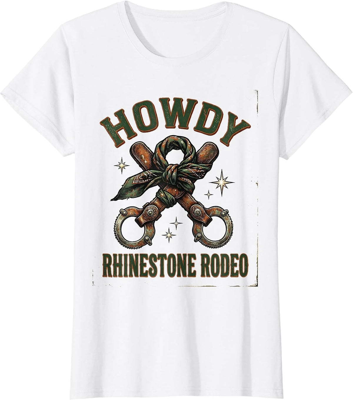 Women's Howdy Rhinestone Rodeo Vintage Western Cowgirl Boot Bling T-Shirt - White