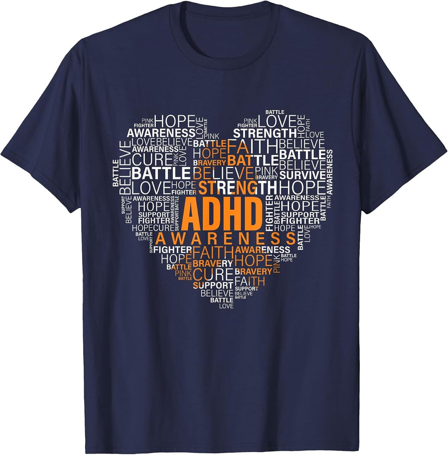 ADHD Awareness Words Cloud Heart Support Proud ADHD Warrior T-Shirt - Navy Blue