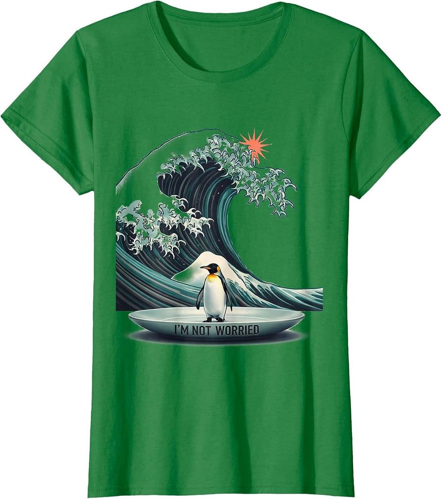 Women's I'm Not Worried Midcentury Modern Animal Humor Penguin Art T-Shirt - Kelly Green
