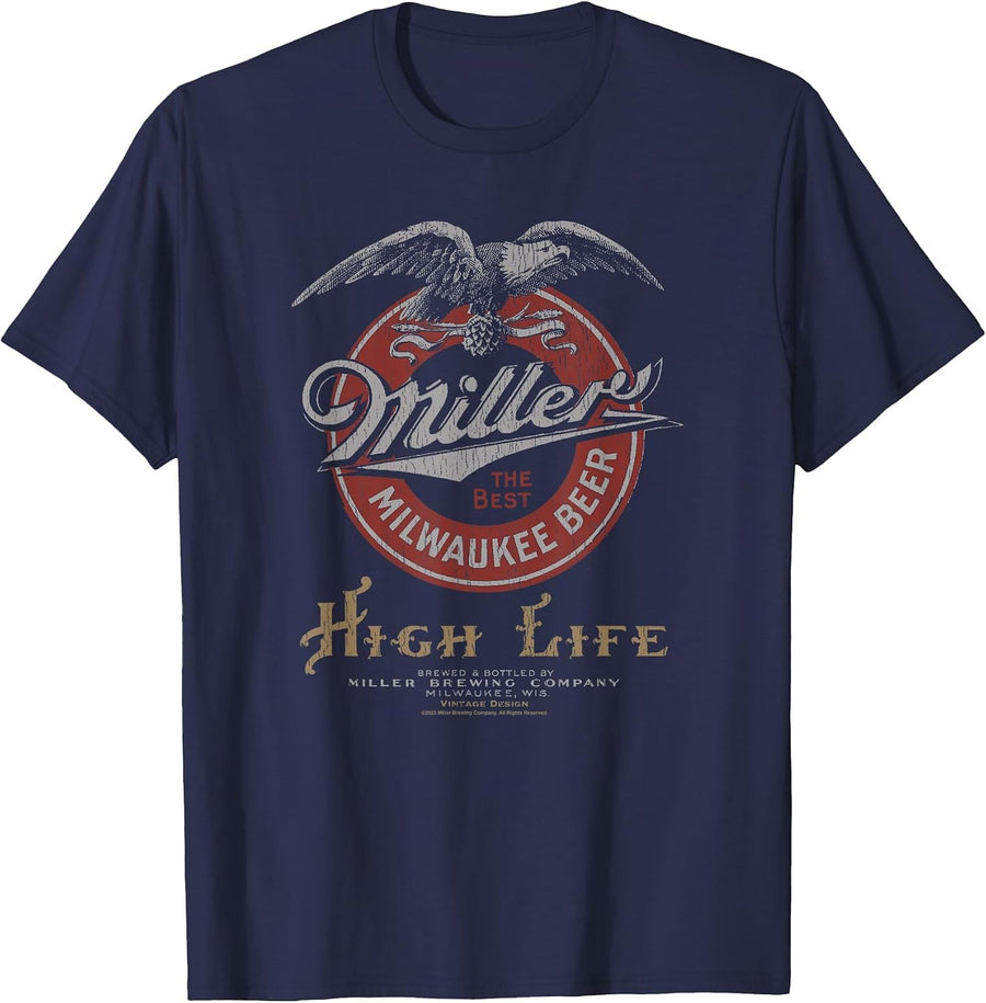 Coors Classic Miller High Life Vintage Beer Logo T-Shirt - Navy Blue