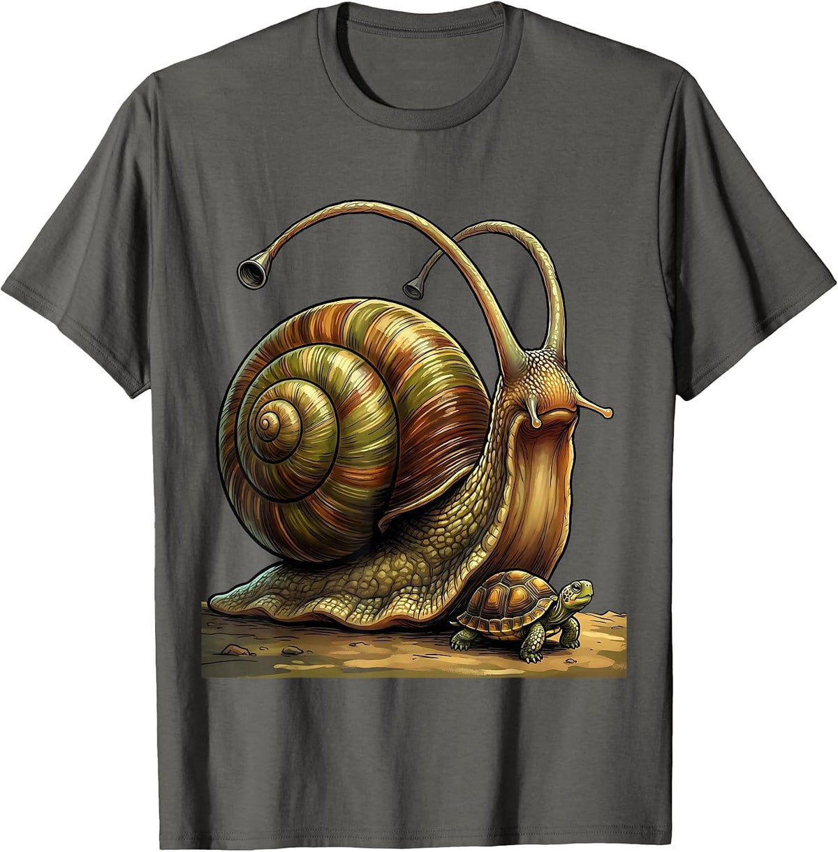 Men's Giant Snail Tiny Turtle Big Little Funny Graphic T-Shirt - Asphalt Grey