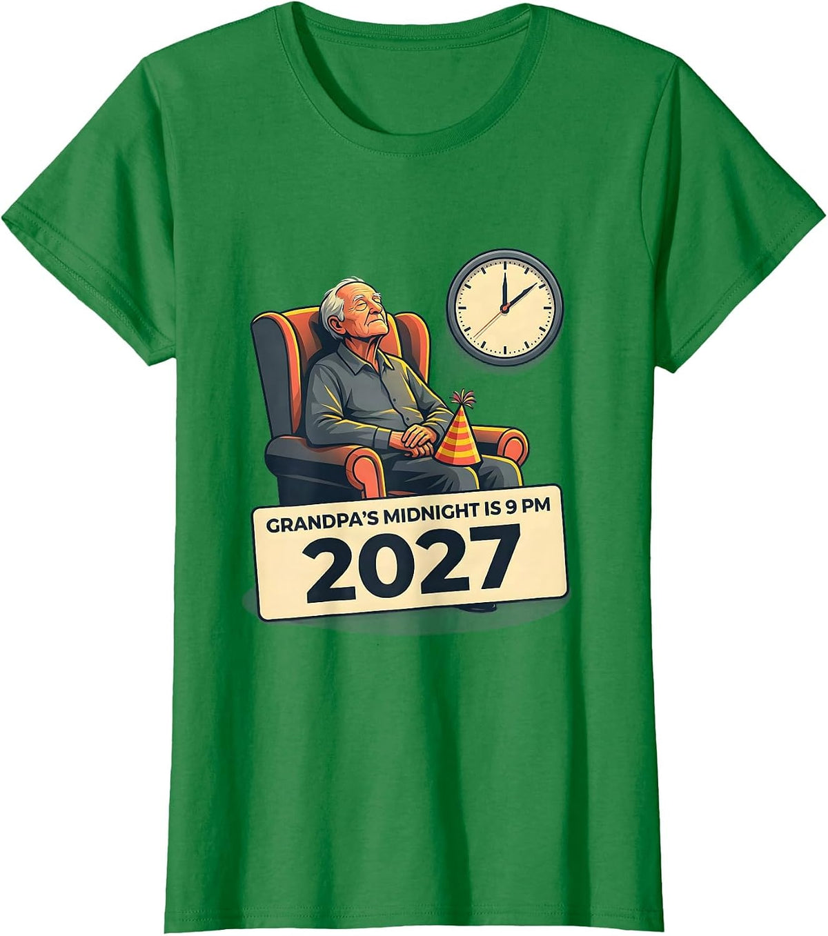 Women's Grandpa's Midnight Is 9 PM 2027 Funny New Year Family Party T-Shirt - Kelly Green