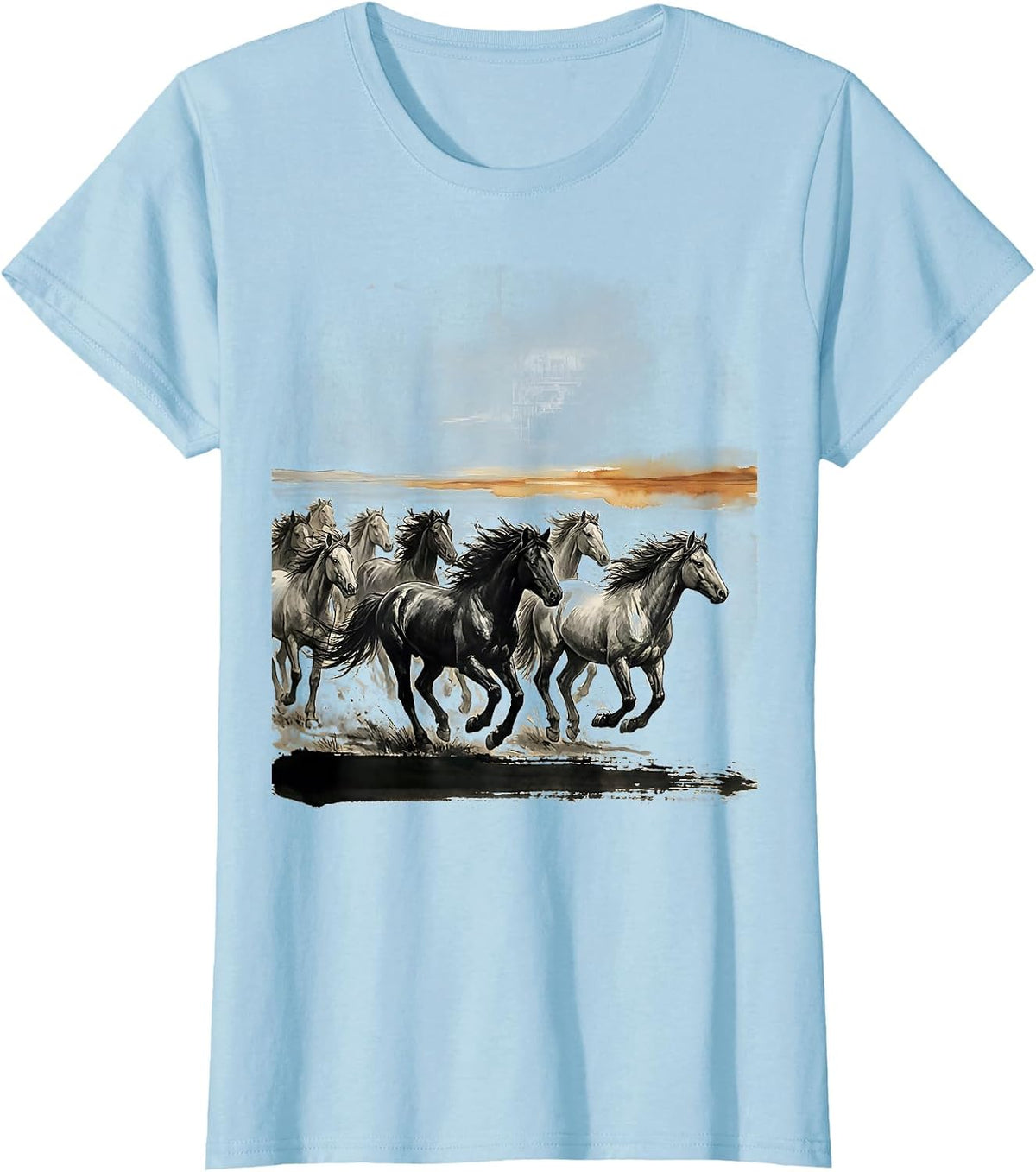 Women's Wild Horse Herd Sunset Horizon Graphic T-Shirt - Baby Blue