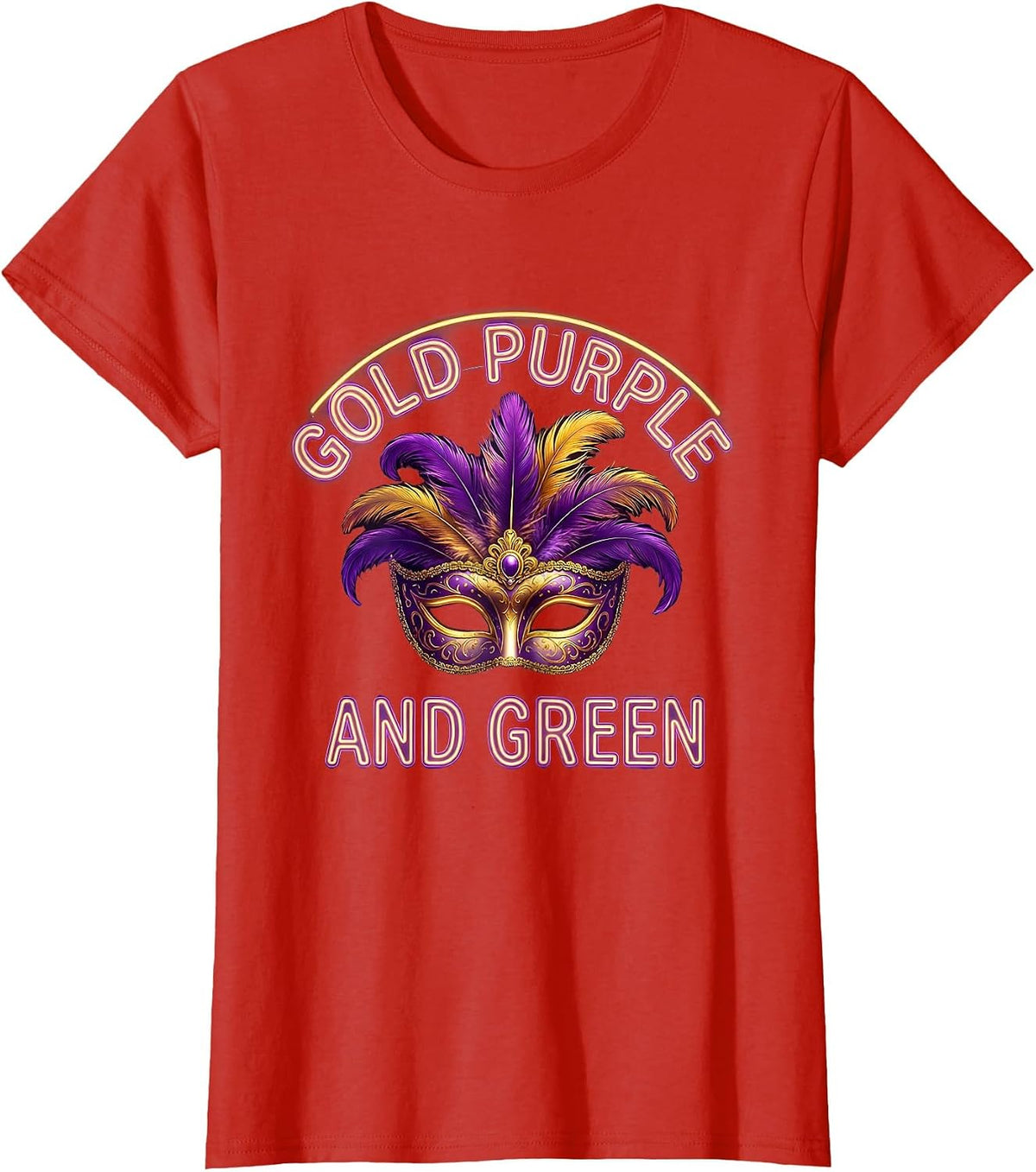Women's Gold Purple and Green Mardi Gras Celebration Design T-Shirt - Red