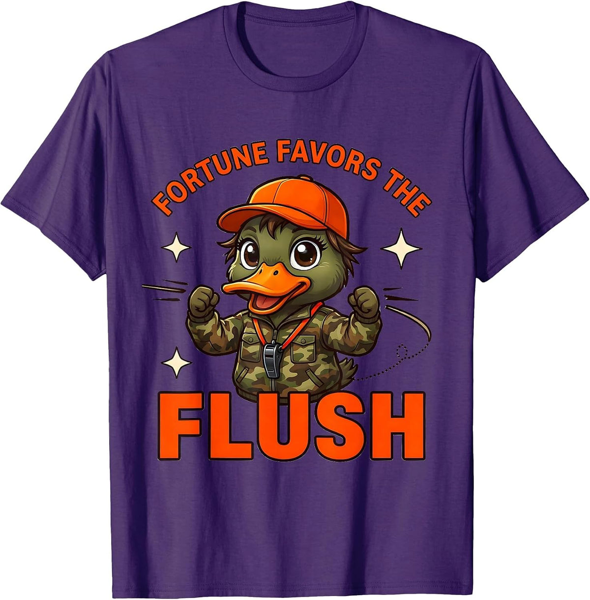 Men's FORTUNE FAVORS THE FLUSH Funny Duck Hunter Hunting Camp T-Shirt - Purple