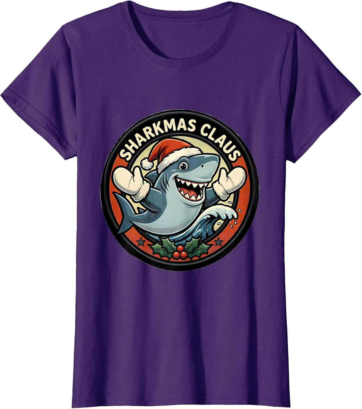 Women's Sharkmas Claus Retro Cartoon Shark Lover Christmas Humor T-Shirt - Purple