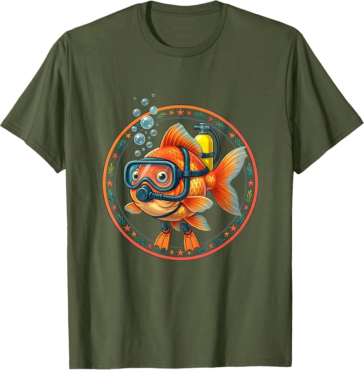 Goldfish Scuba Diver Funny Underwater Adventure T-Shirt - Olive Green