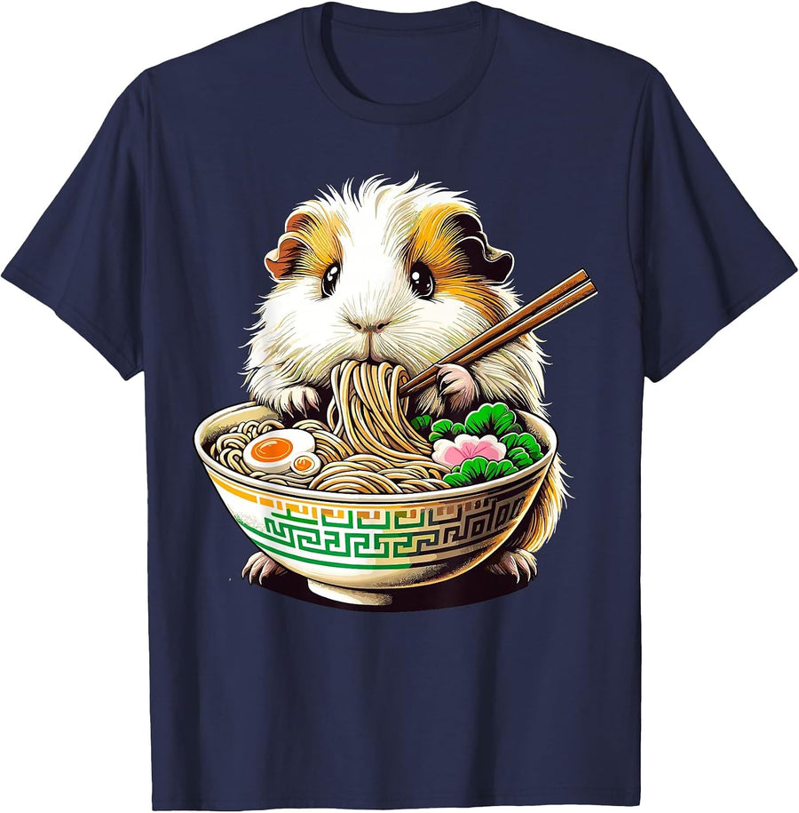 Guinea Pig Eating Japanese Ramen Kawaii Guinea Pig T-Shirt - Navy Blue