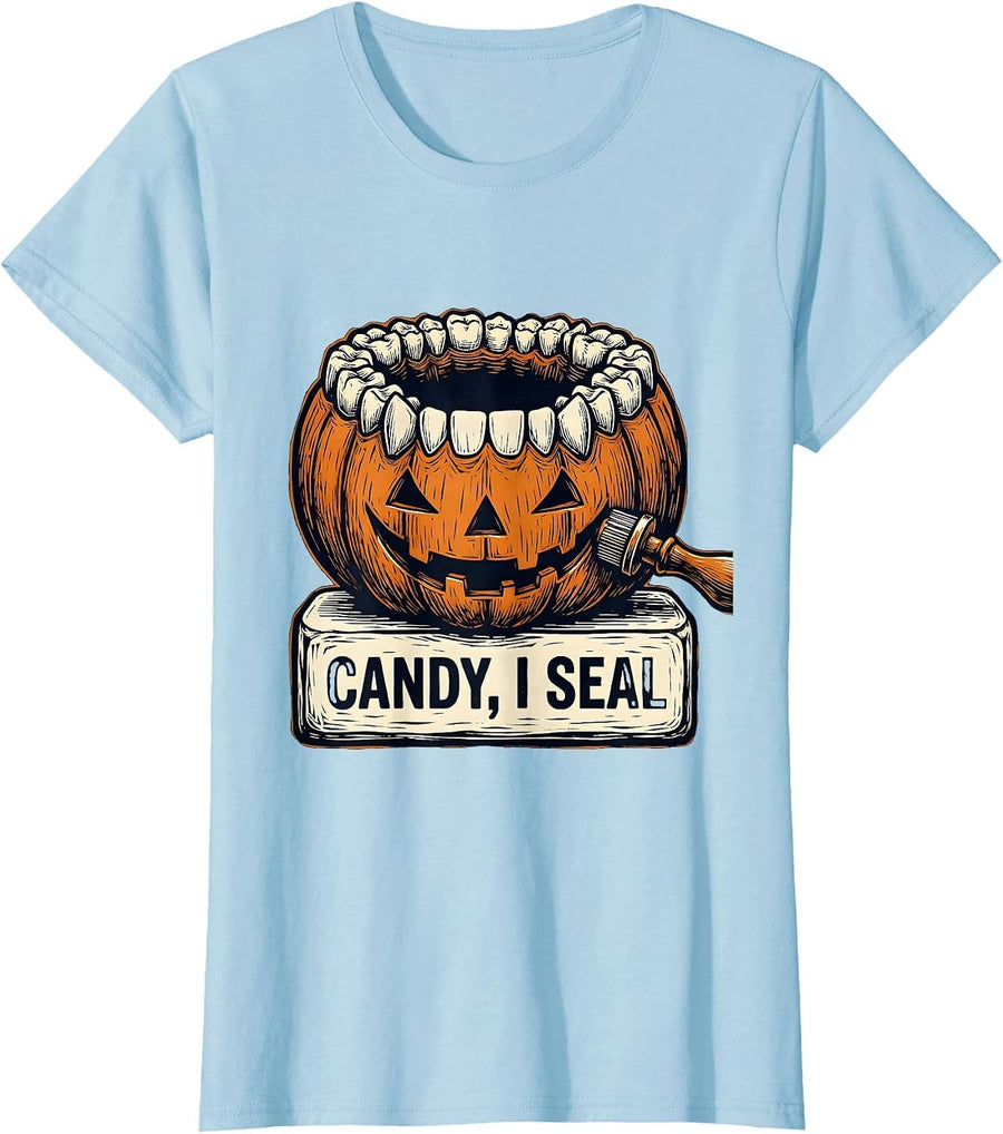 Women's Candy I Seal Funny Dental Hygienist Halloween Fall Humor T-Shirt - Baby Blue