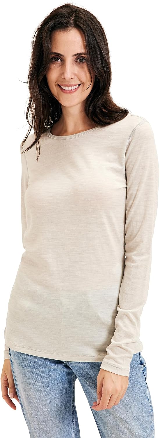 Women's 100% Merino Wool Base Layer Shirt Long Sleeve Thermal Underwear Crewneck Casual Tee Tops for Hiking Travel Skiing -