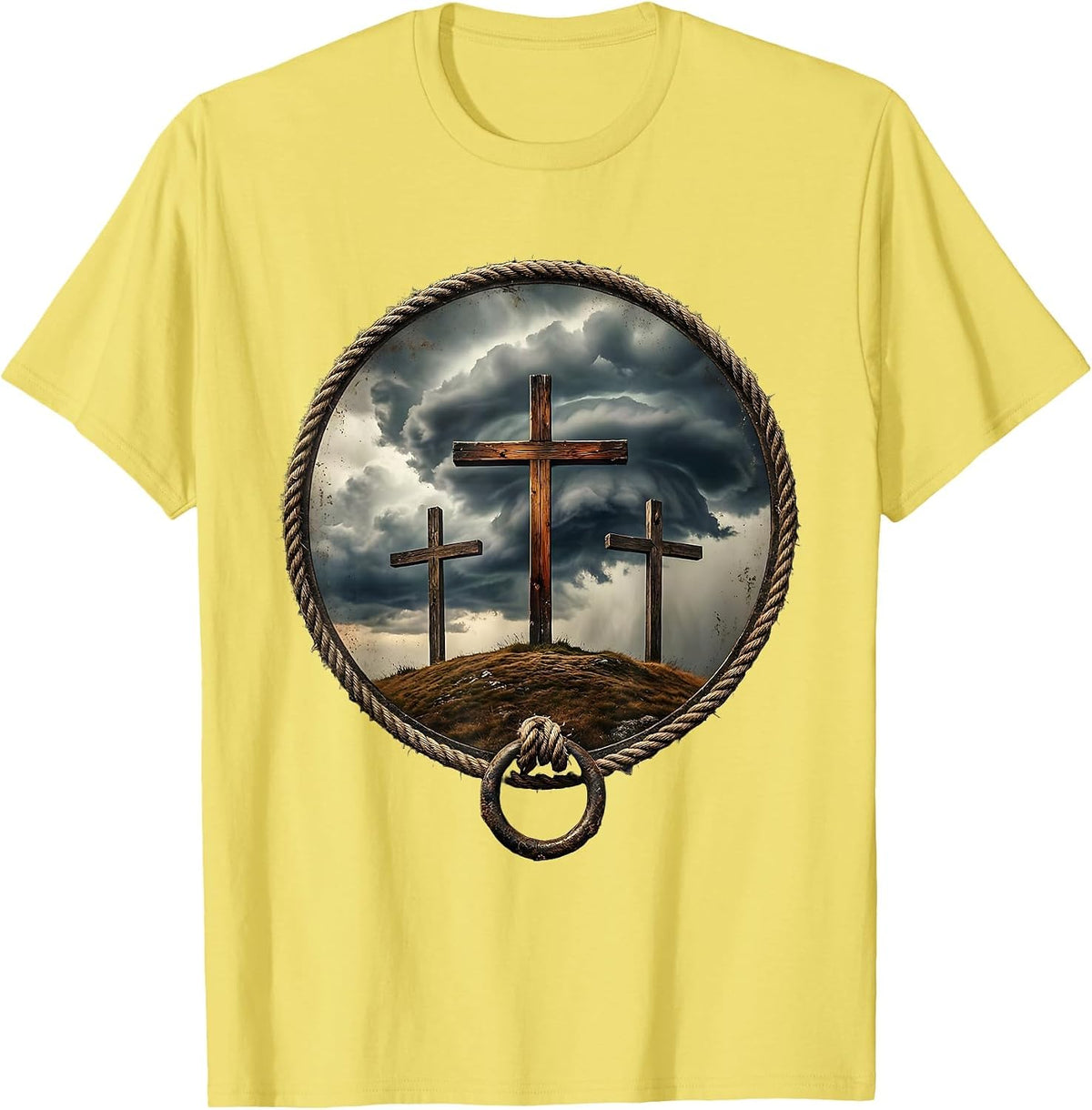 Men's Three Crosses on a Hill Under a Stormy Sky T-Shirt - Lemon Yellow