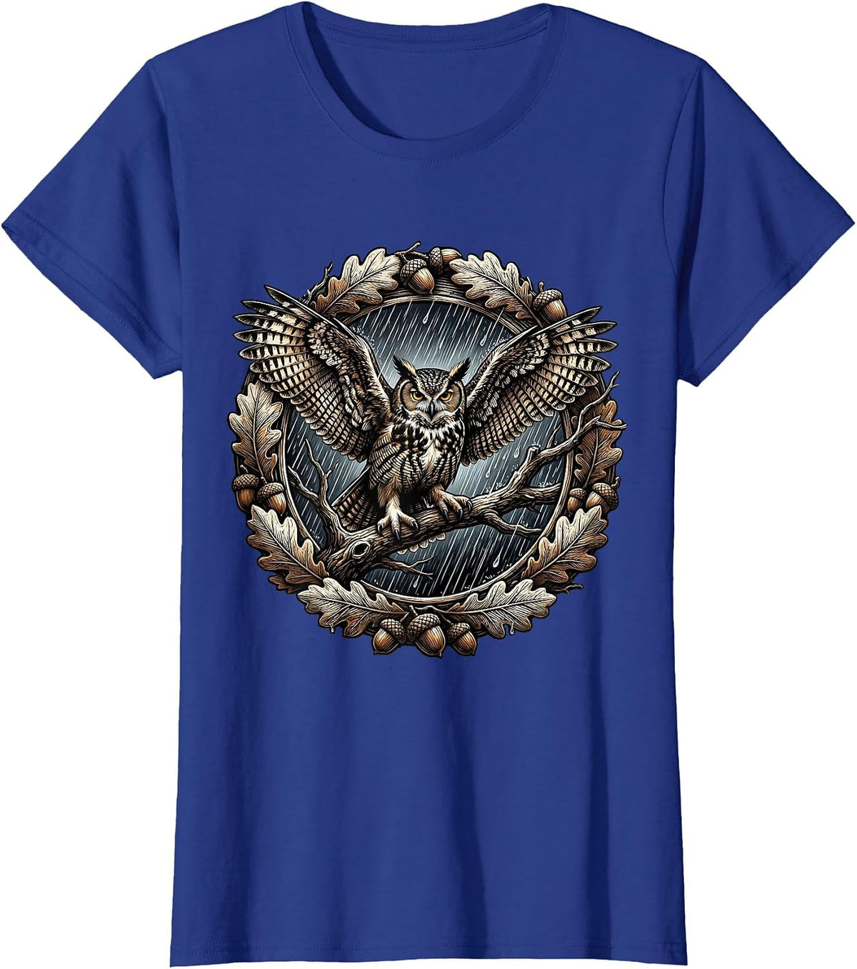 Women's Owl in the Rain Autumn Nature Illustration T-Shirt - Royal Blue