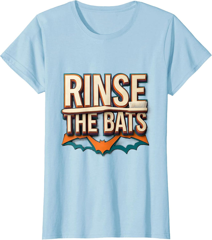 Women's Rinse the Bats Funny Dental Hygienist Dentist Halloween T-Shirt - Baby Blue
