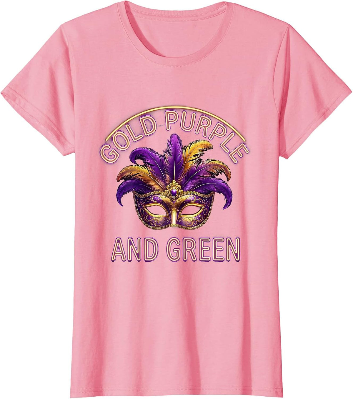 Women's Gold Purple and Green Mardi Gras Celebration Design T-Shirt - Pink