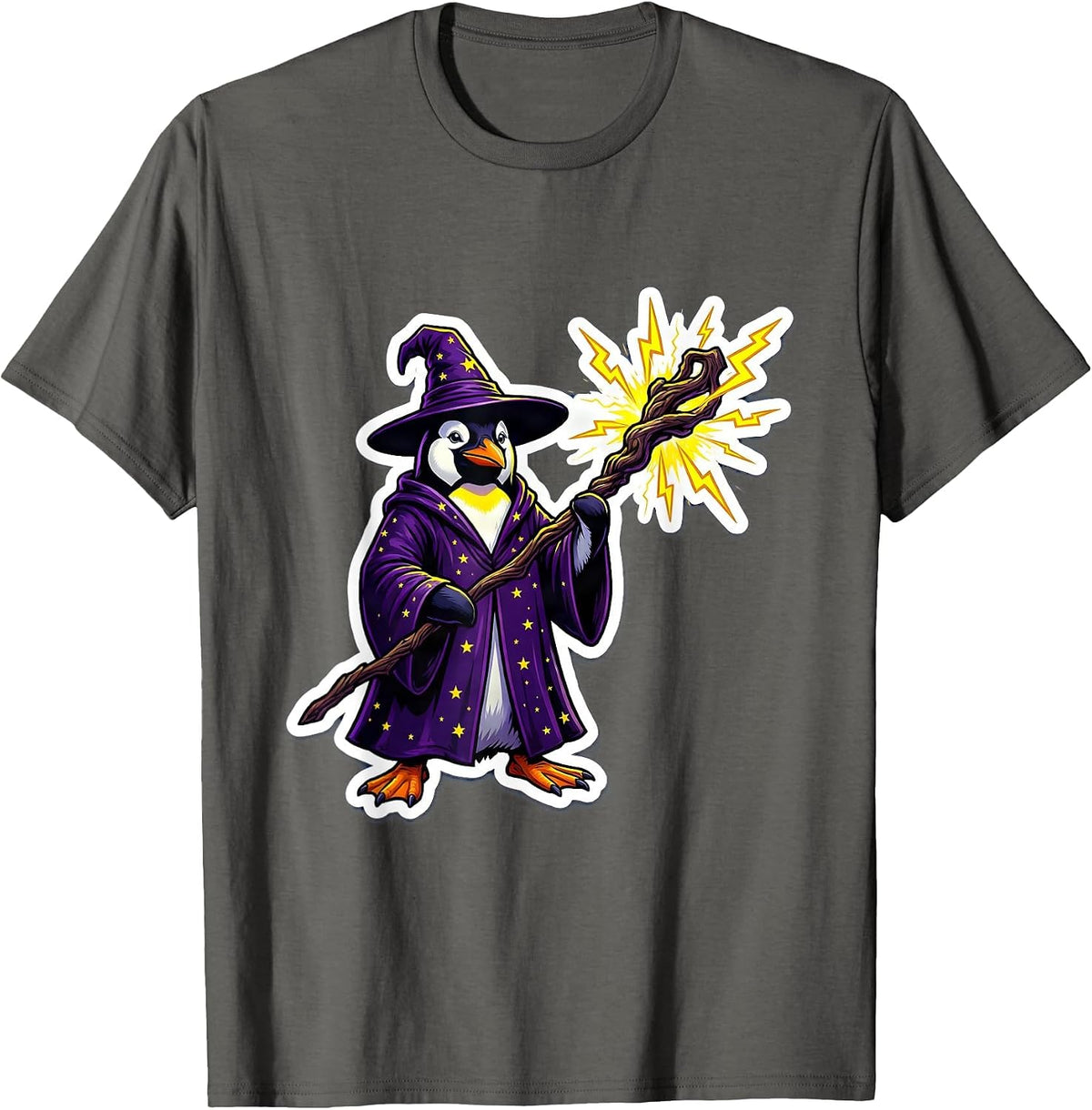 Men's Penguin Wizard Lightning Staff Fantasy Art T-Shirt - Asphalt Grey