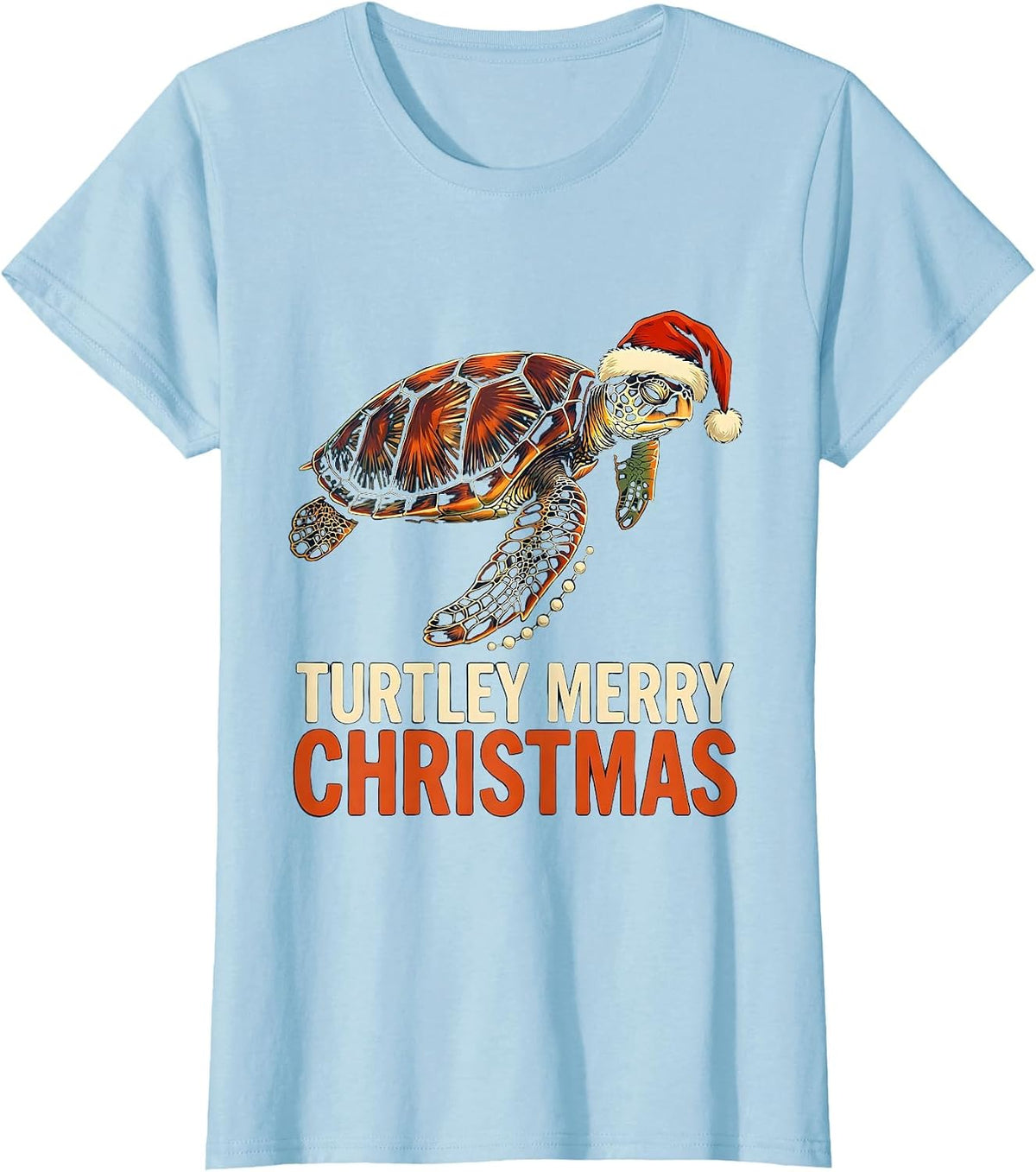 Turtley Merry Christmas Linocut Sea Turtle Lover Holiday T-Shirt - Baby Blue