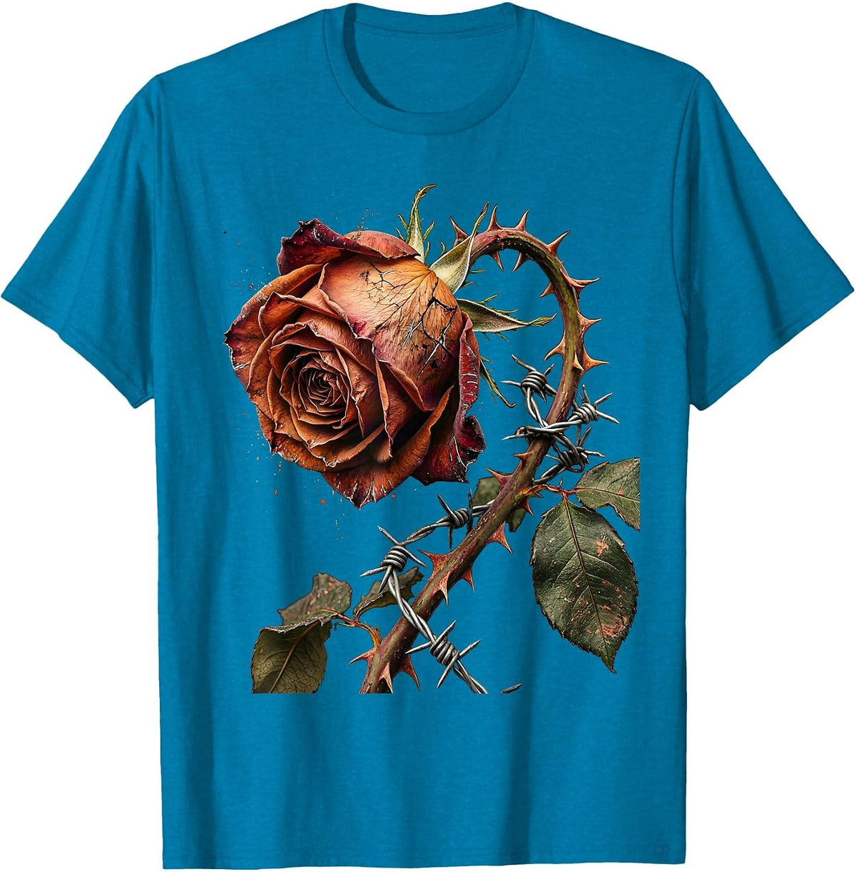 Barbed Wire Rose Punk Gothic Graphic Design T-Shirt - Sapphire Blue