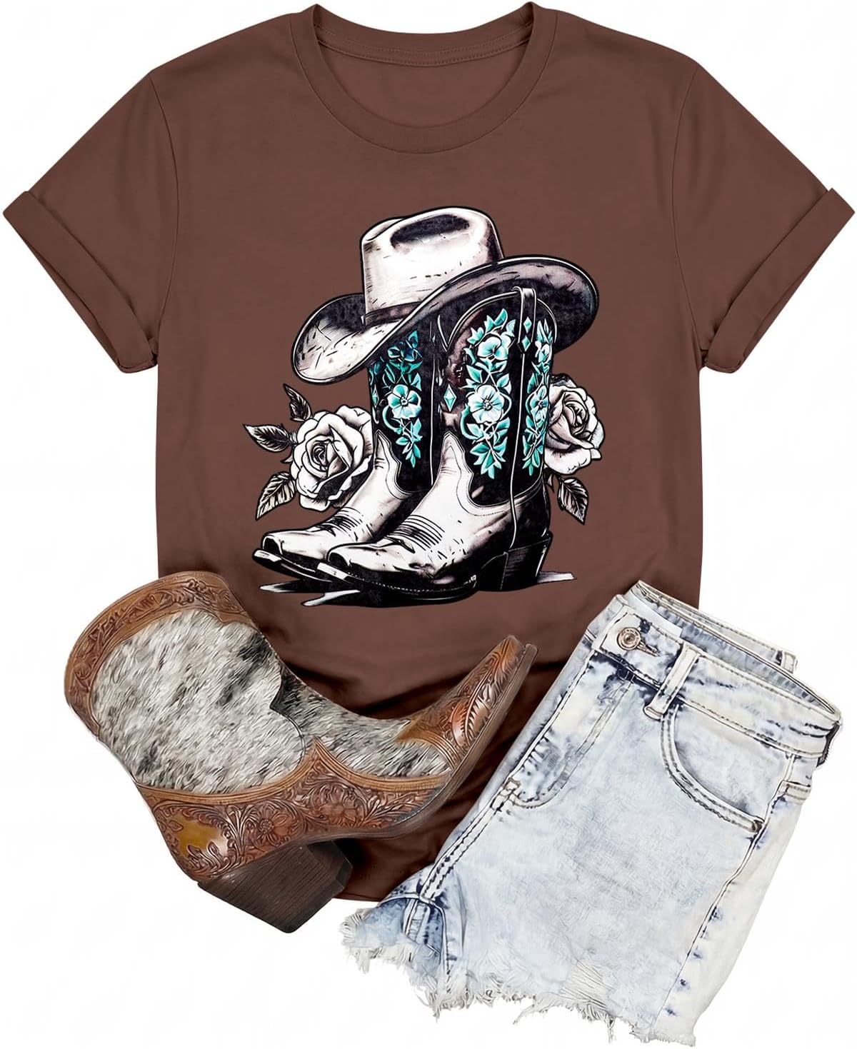 Western Shirts for Women Cowgirl Shirts Country Tops Rodeo Graphic Tees - Coffee Hat