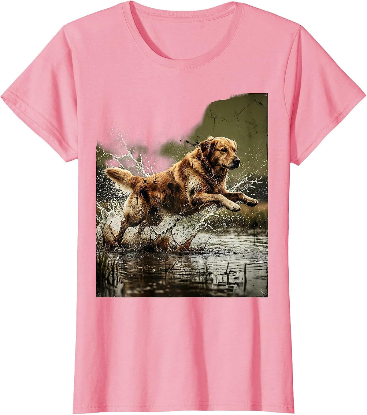 Women's Camo Duck Hunter Retriever Leaping Into Water T-Shirt - Pink