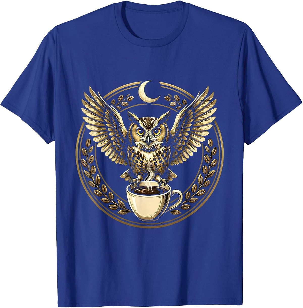 Men's Midnight Owl Perched on Coffee Cup Illustration T-Shirt - Royal Blue