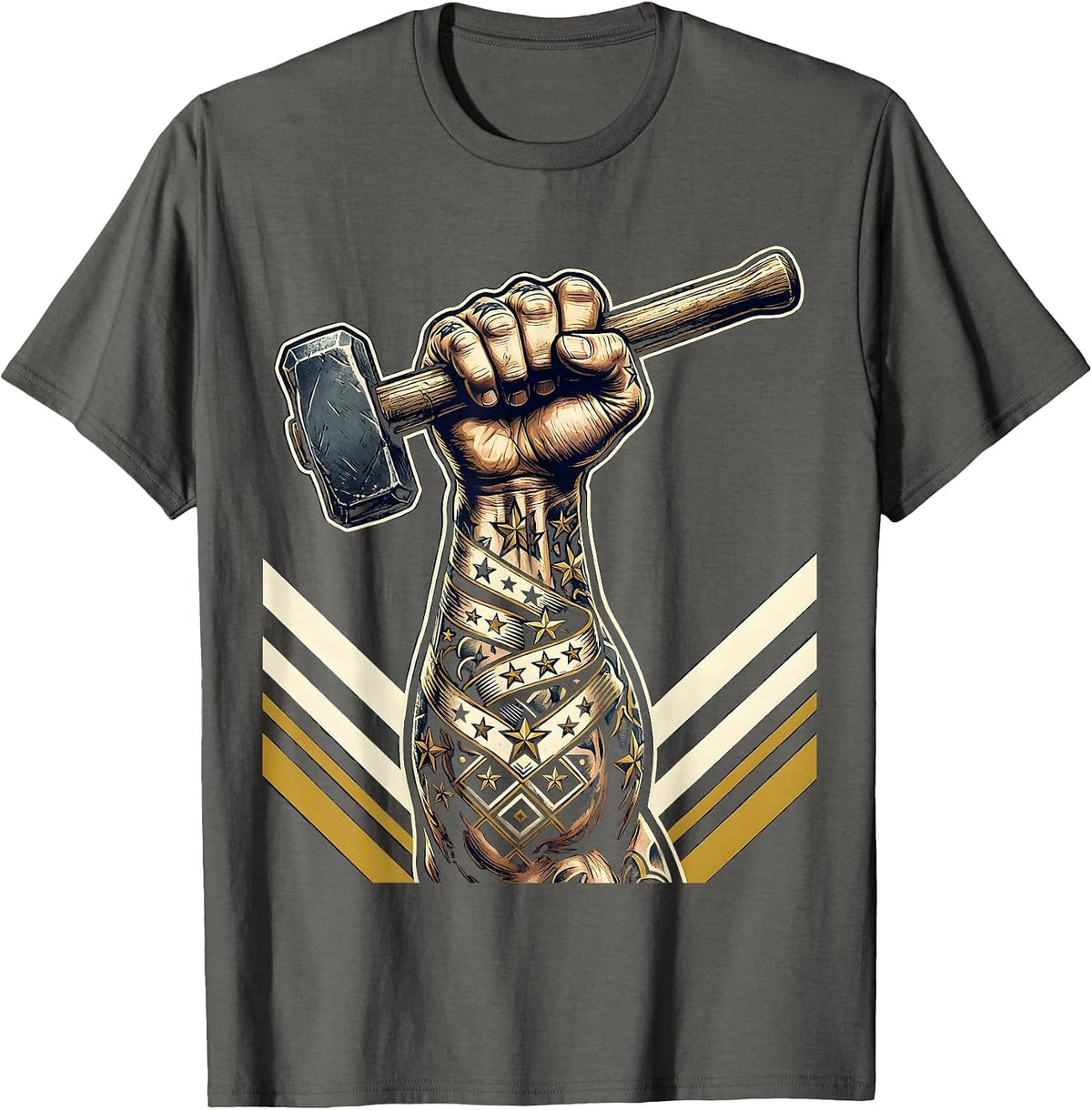 Blue Collar Strength Muscular Arm Hammer Tattoo T-Shirt - Asphalt Grey