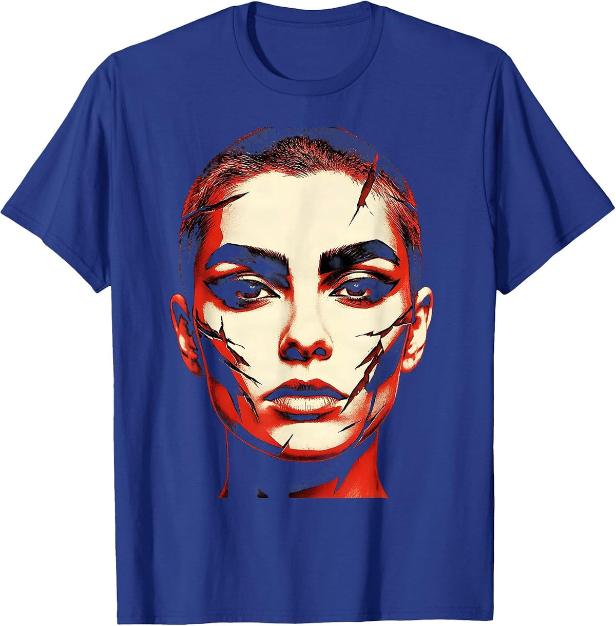 Punk Buzzcut Girl Bold Eye Makeup Graphic Tee T-Shirt - Royal Blue