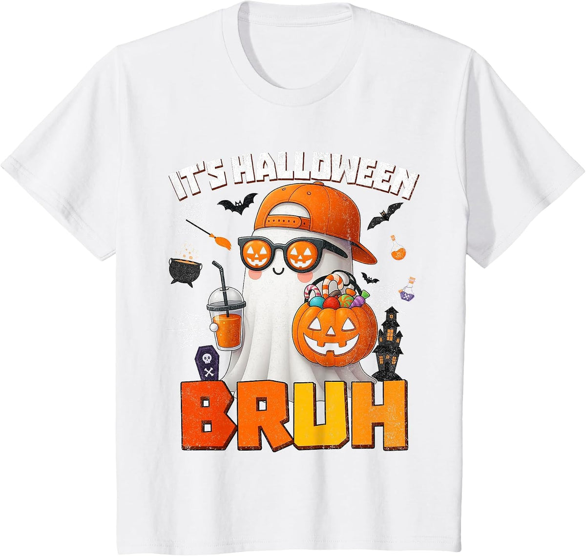Its Halloween Bruh Boo Ghost Pumpkin Costume Boys Kids Mens T-Shirt - White