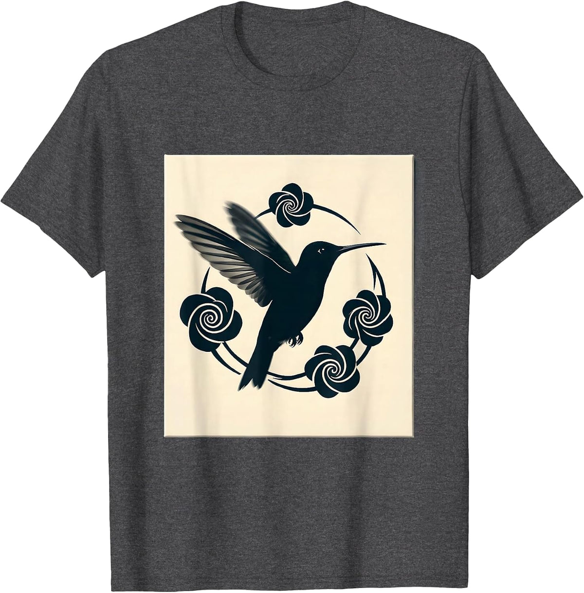 ADHD Hummingbird Swirling Floral Illustration T-Shirt - Dark Heather Grey