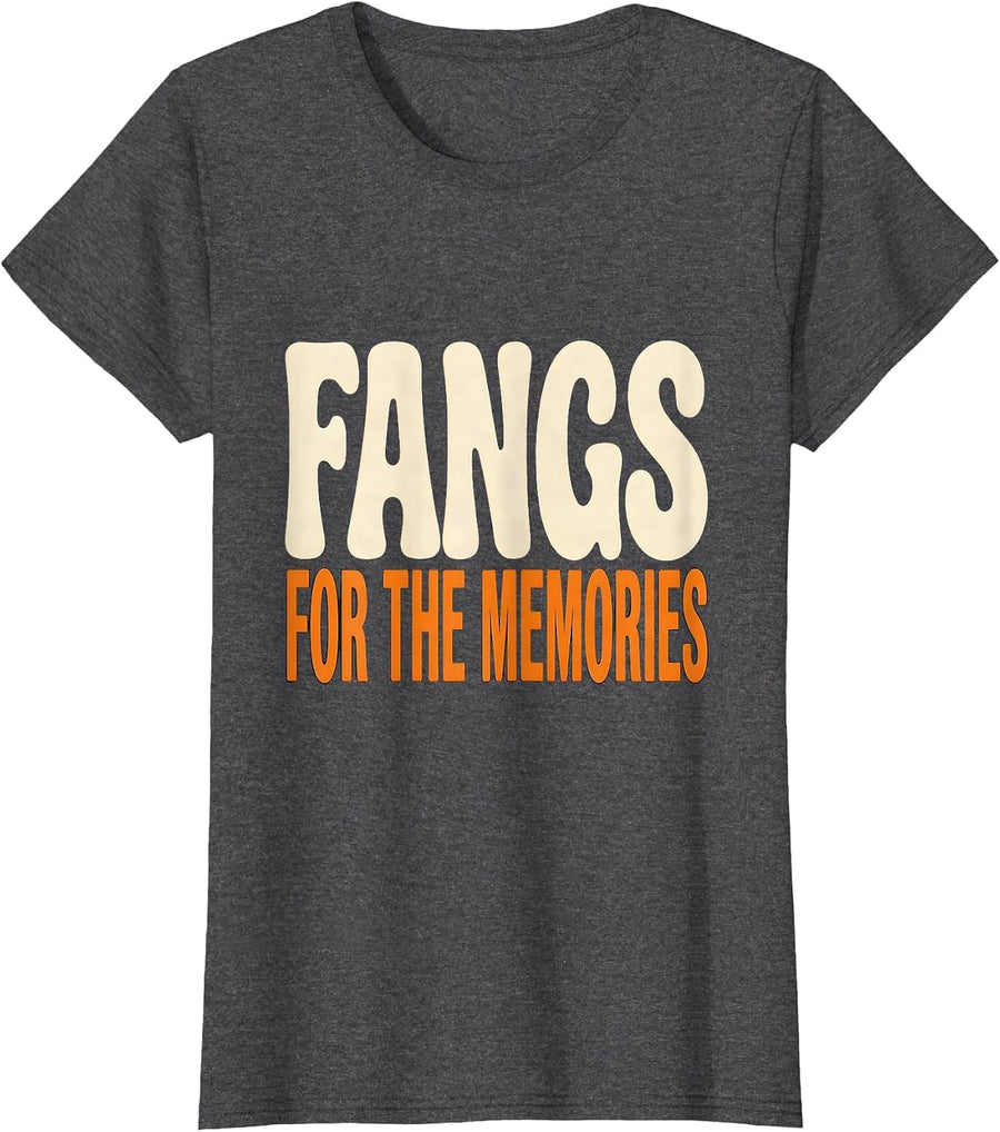 Women's Fangs For The Memories Funny Dental Hygienist Halloween Pun T-Shirt - Dark Heather Grey