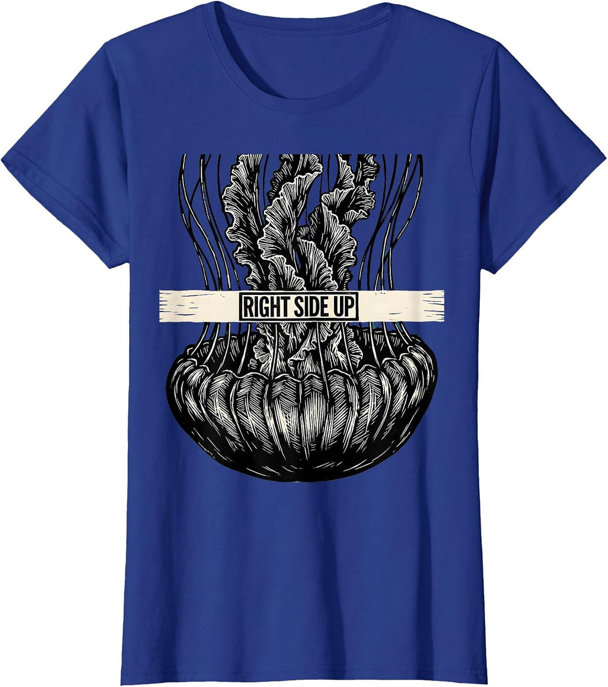 Women's Right Side Up Linocut Funny Shark Ocean Wildlife Humor T-Shirt - Royal Blue