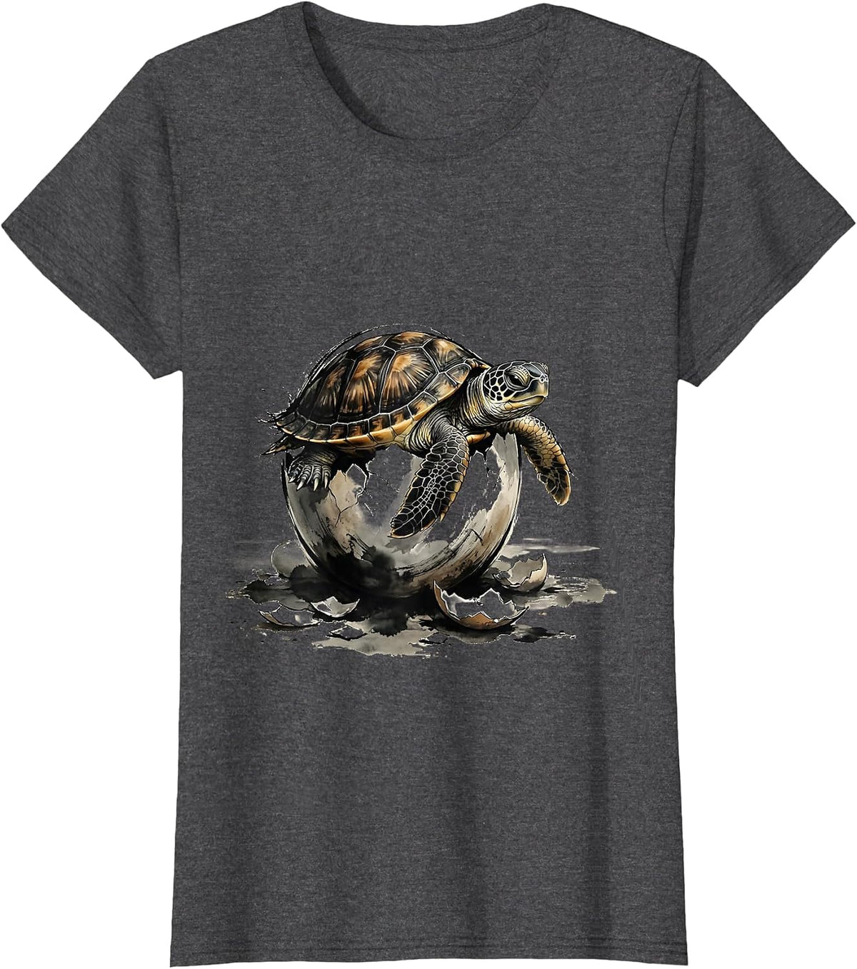 Women's Tiny Turtle Hatching From Sandy Egg Illustration T-Shirt - Dark Heather Grey