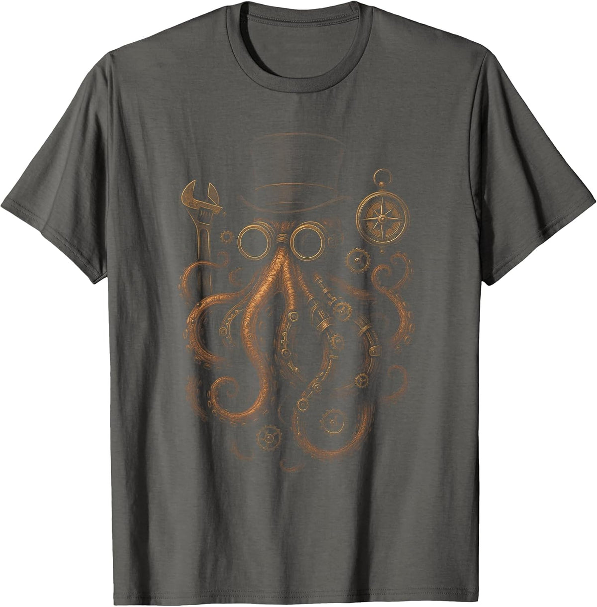 Steampunk Octopus - Clockwork Kraken Art T-Shirt - Asphalt Grey