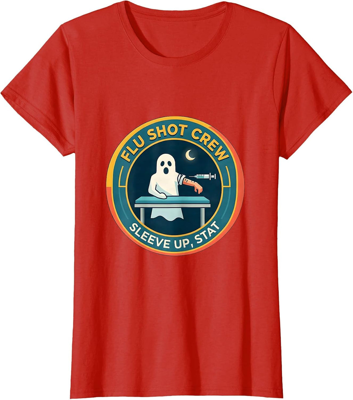 Flu Shot Crew Sleeve Up Stat Funny Halloween Nurse Ghost T-Shirt - Red