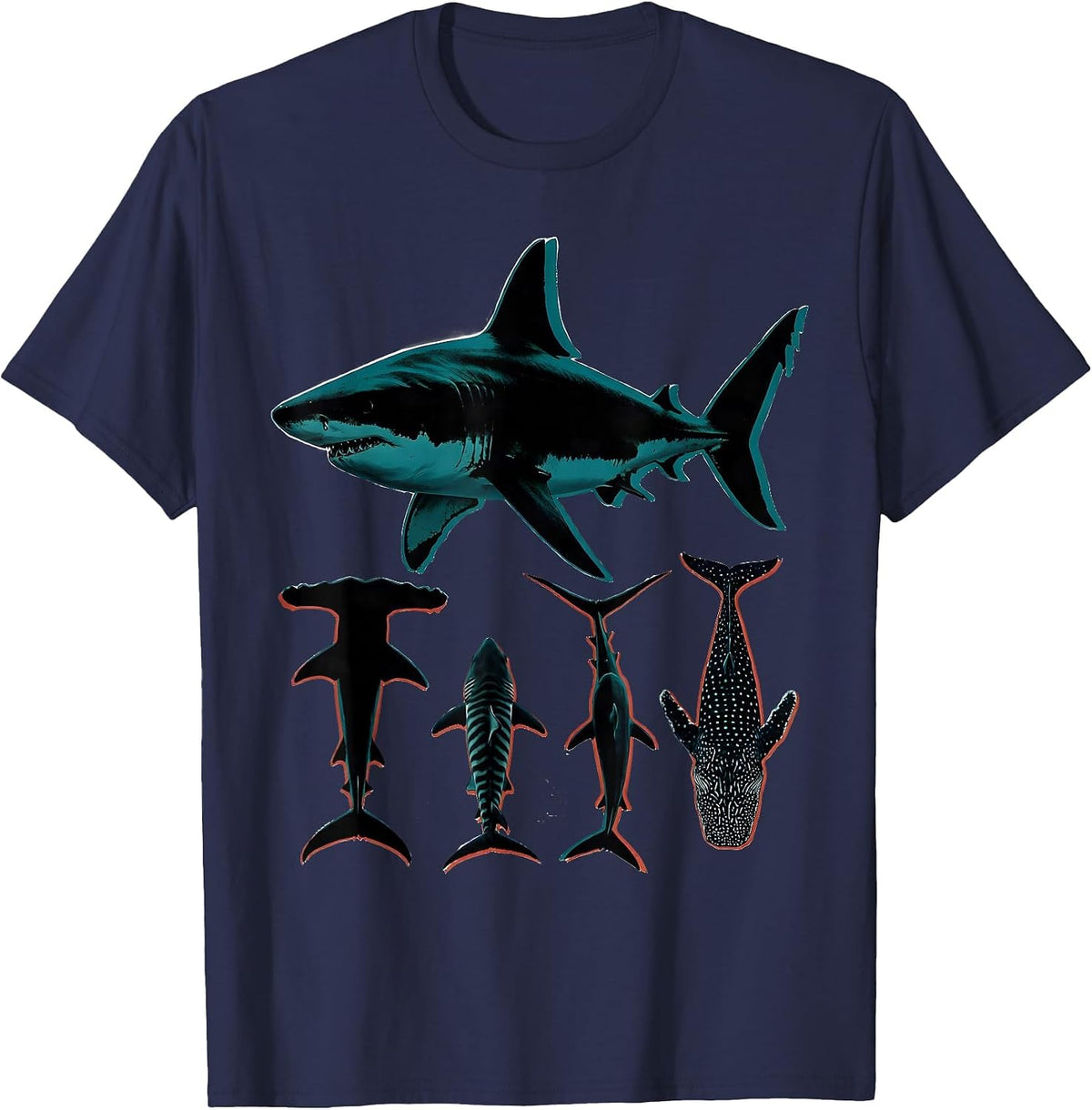 Shark Species Poster Ocean Wildlife Humor Screenprint T-Shirt - Navy Blue