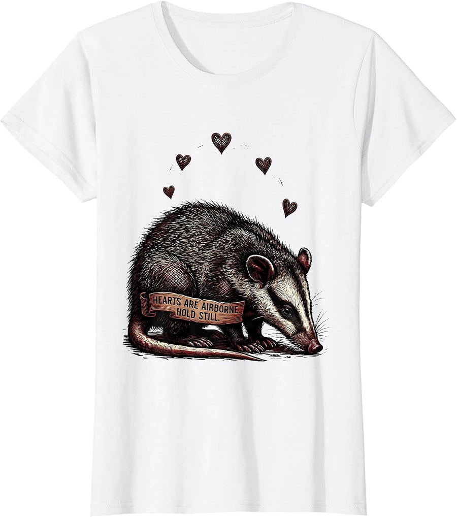 Women's Hearts Are Airborne Hold Still Funny Opossum Anti Valentine T-Shirt - White