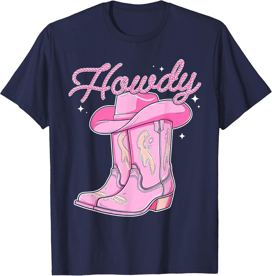 Cute Howdy Pink Cowgirl Boot Hat Western Rodeo Women Girl T-Shirt - Navy Blue