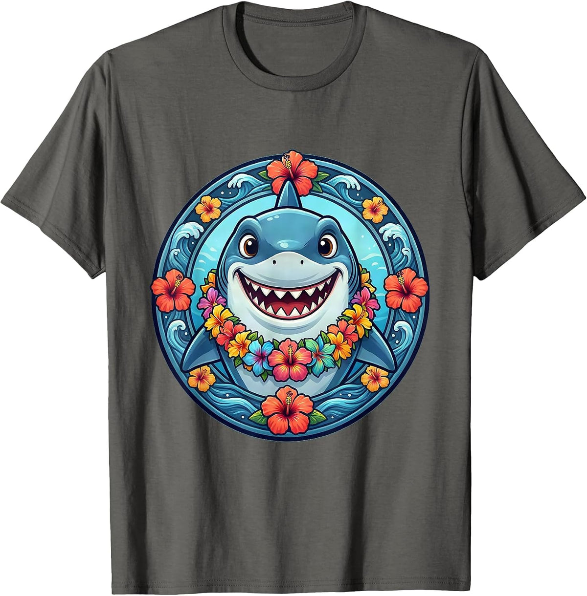 Men's Kids Hawaiian Shark with Flower Lei Illustration T-Shirt - Asphalt Grey
