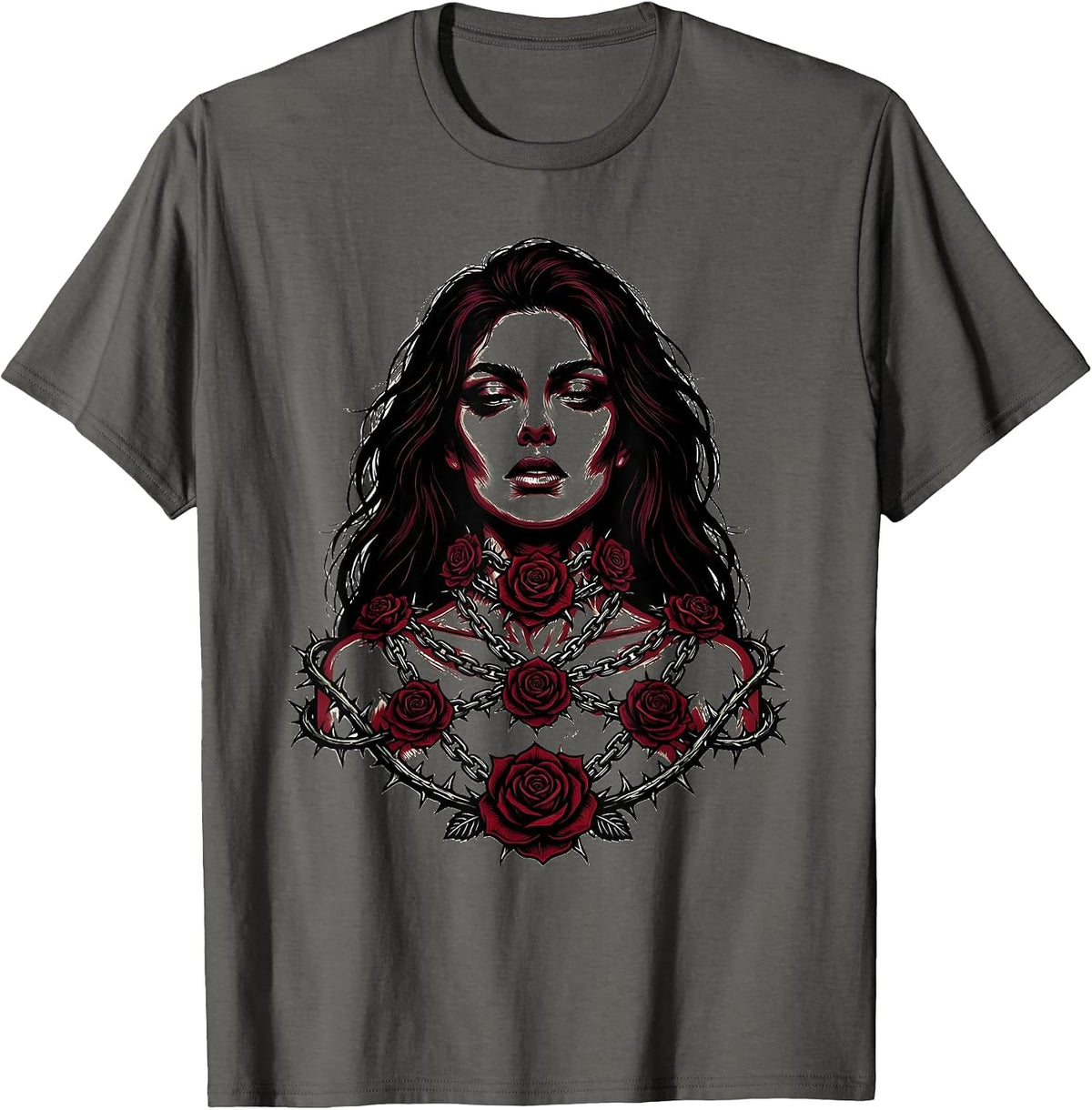Emo Floral Chains Dark Botanical Art Design T-Shirt - Asphalt Grey