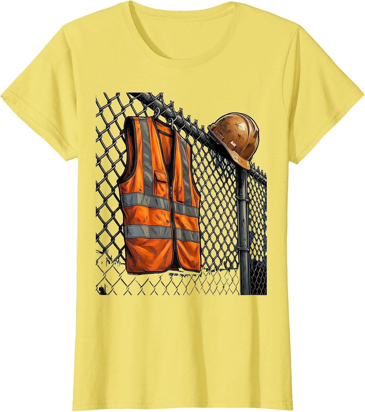 Safety Vest on Chain-Link Fence Blue Collar T-Shirt - Lemon Yellow