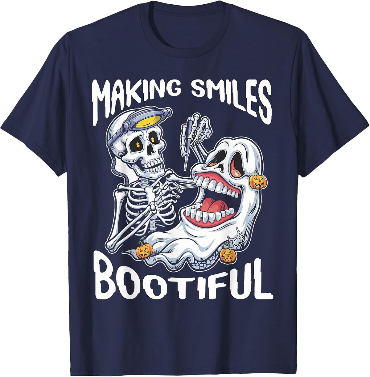 Making Smiles Bootiful Funny Ghost Dentist Halloween Dental T-Shirt - Navy Blue