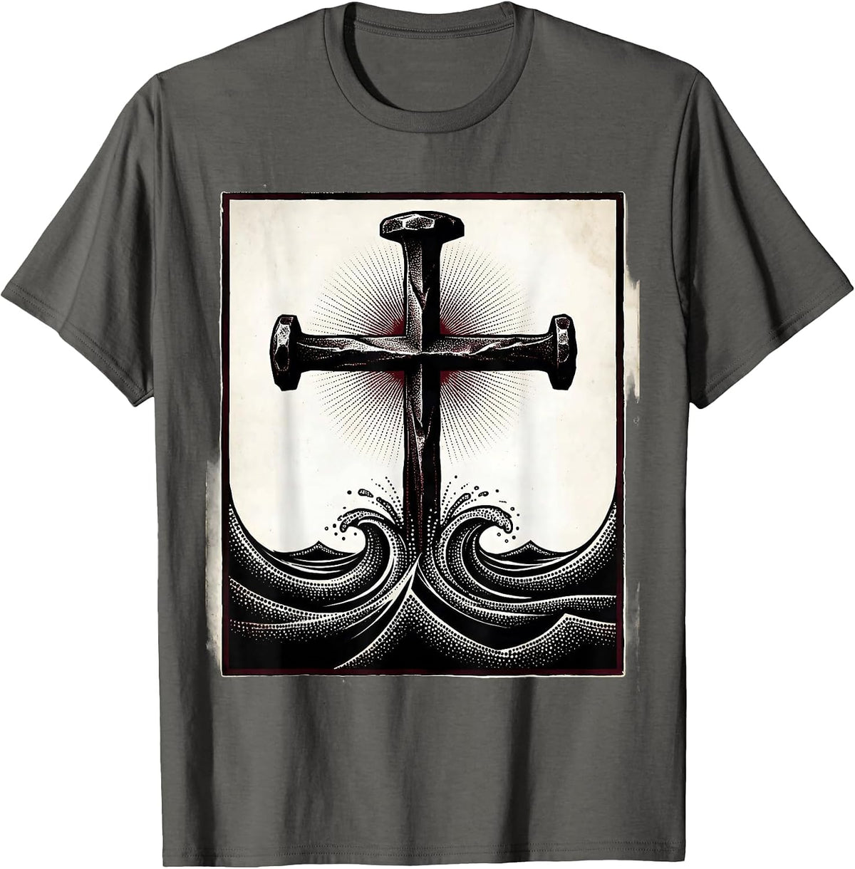 Men's Three Nails Rising Water Christian Cross Design T-Shirt - Asphalt Grey