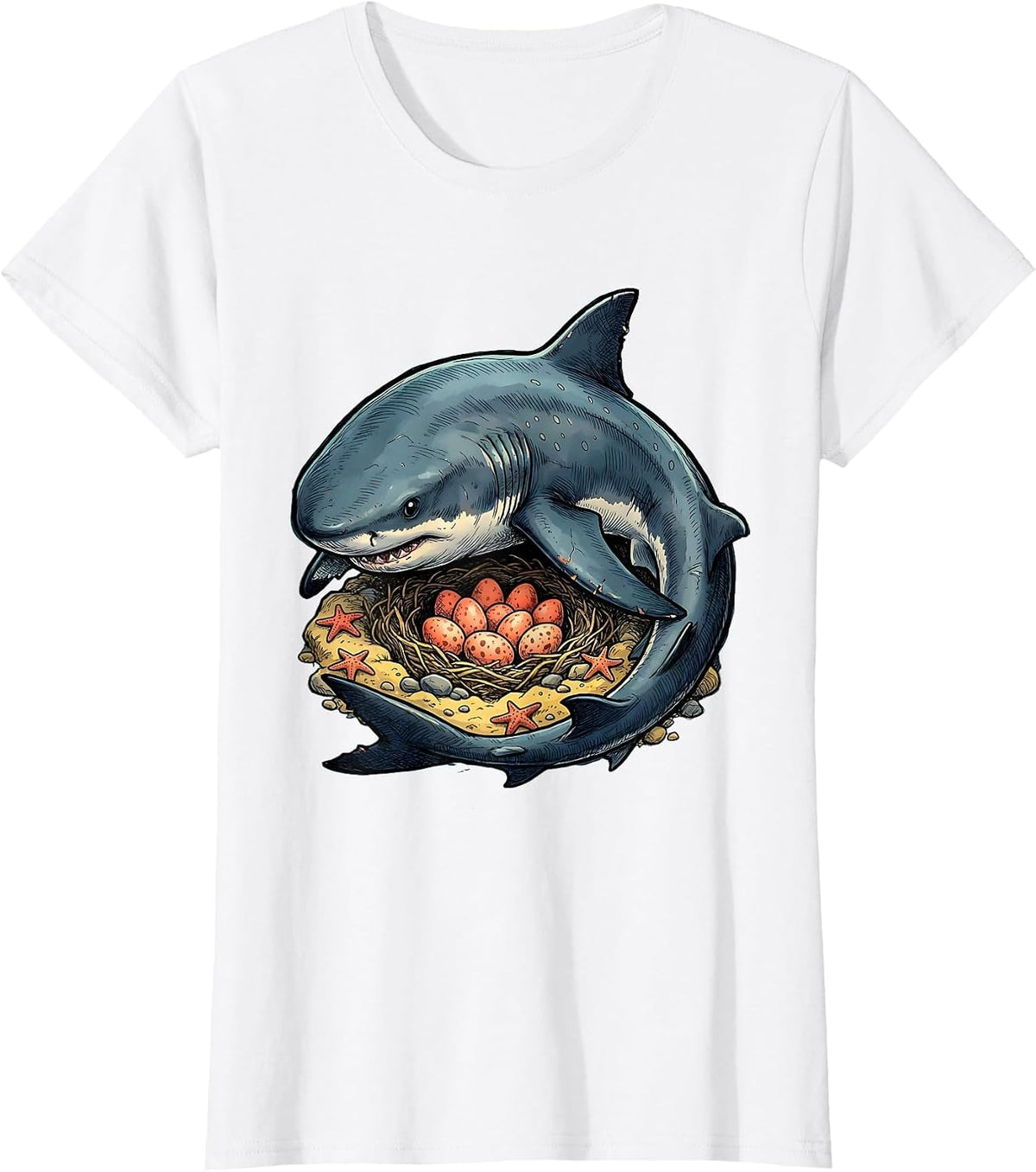 Mama Shark Protecting Eggs in Nest Illustration T-Shirt - White