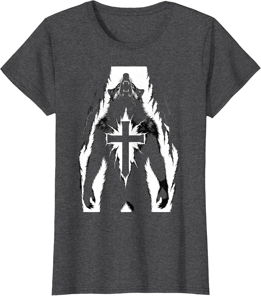 Women's Wolf in Sheep Clothing Torn Cross Christian Graphic T-Shirt - Dark Heather Grey