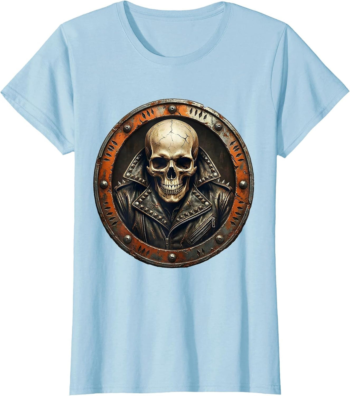 Skull in Studded Leather Jacket 80s Rock Art T-Shirt - Baby Blue