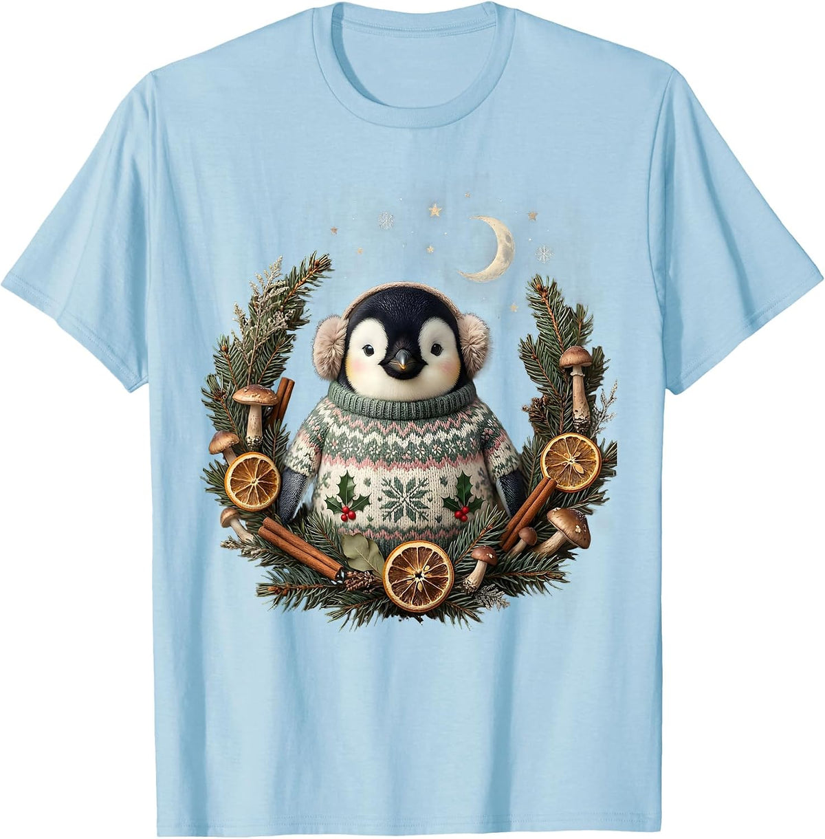 Men's Cute Penguin Christmas Sweater and Earmuffs Design T-Shirt - Baby Blue