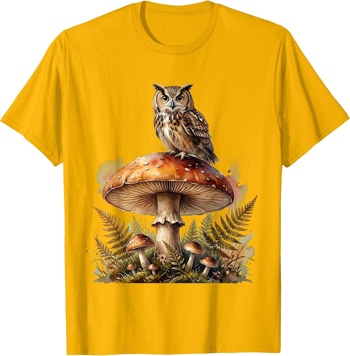Owl on Mushroom Enchanted Forest Graphic T-Shirt - Golden Yellow