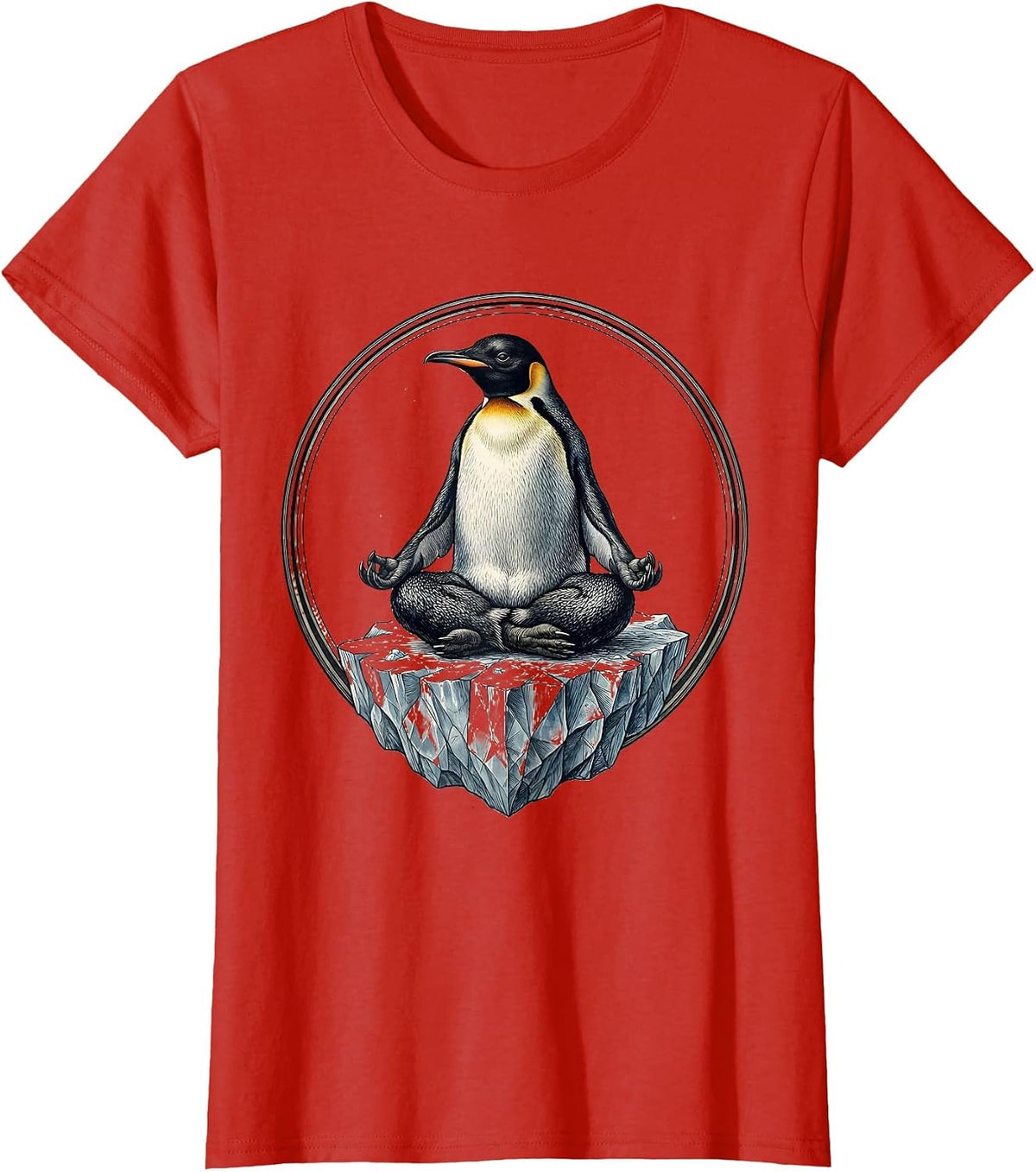 Women's Zen Penguin Meditating on Iceberg Graphic T-Shirt - Red