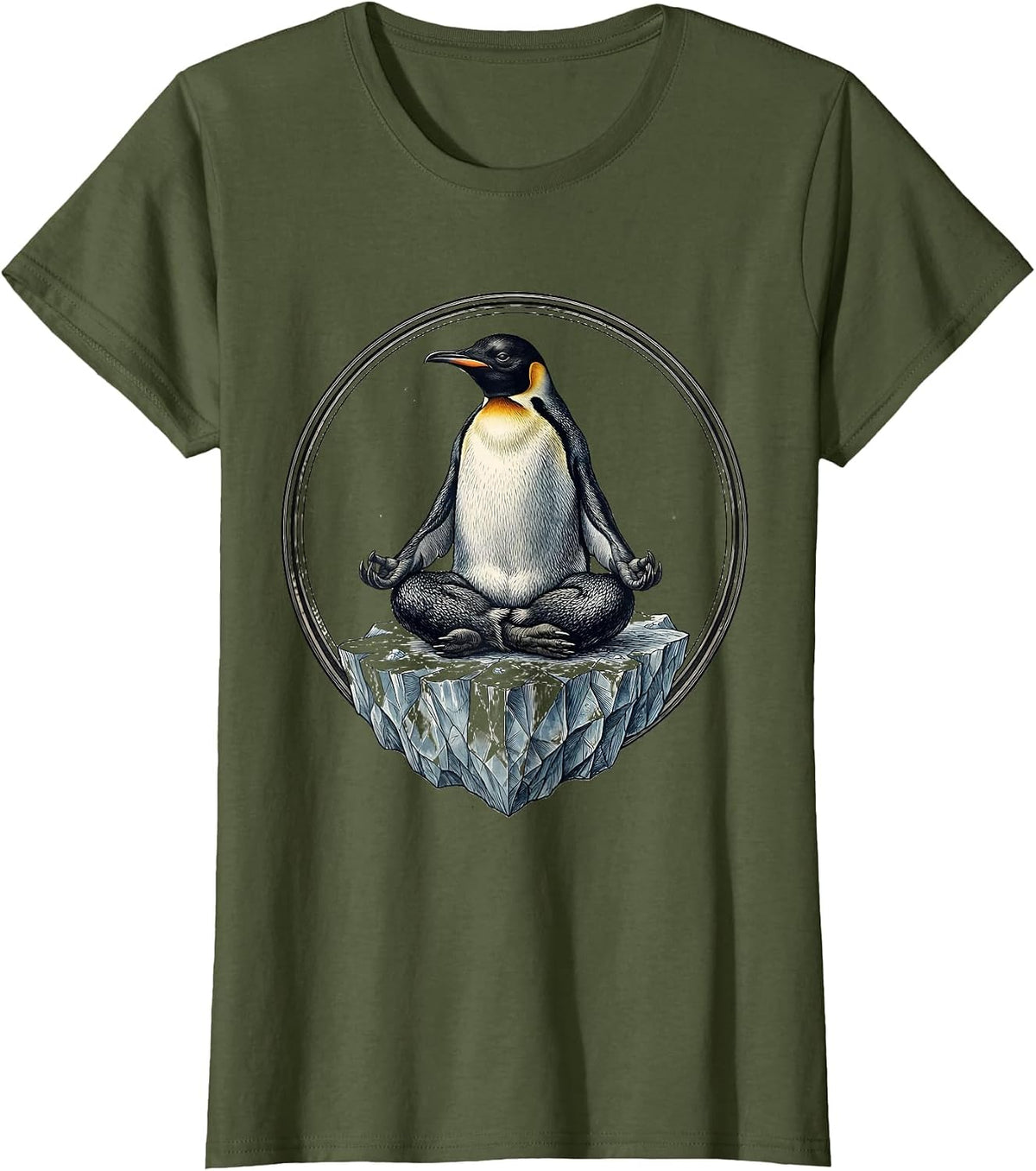 Women's Zen Penguin Meditating on Iceberg Graphic T-Shirt - Olive Green