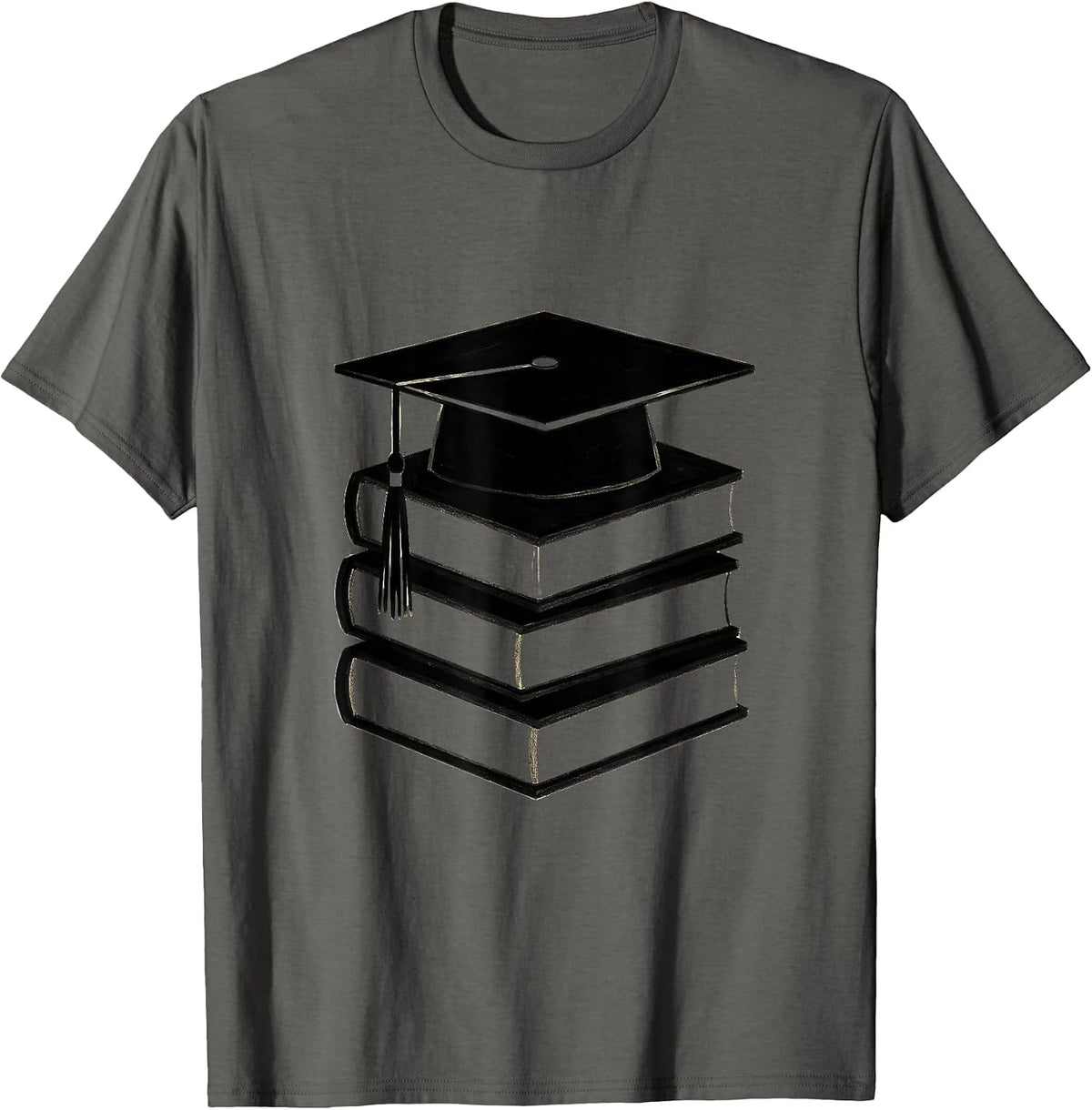 Math Teacher Stacked Books Mortar Board Graphic T-Shirt - Asphalt Grey